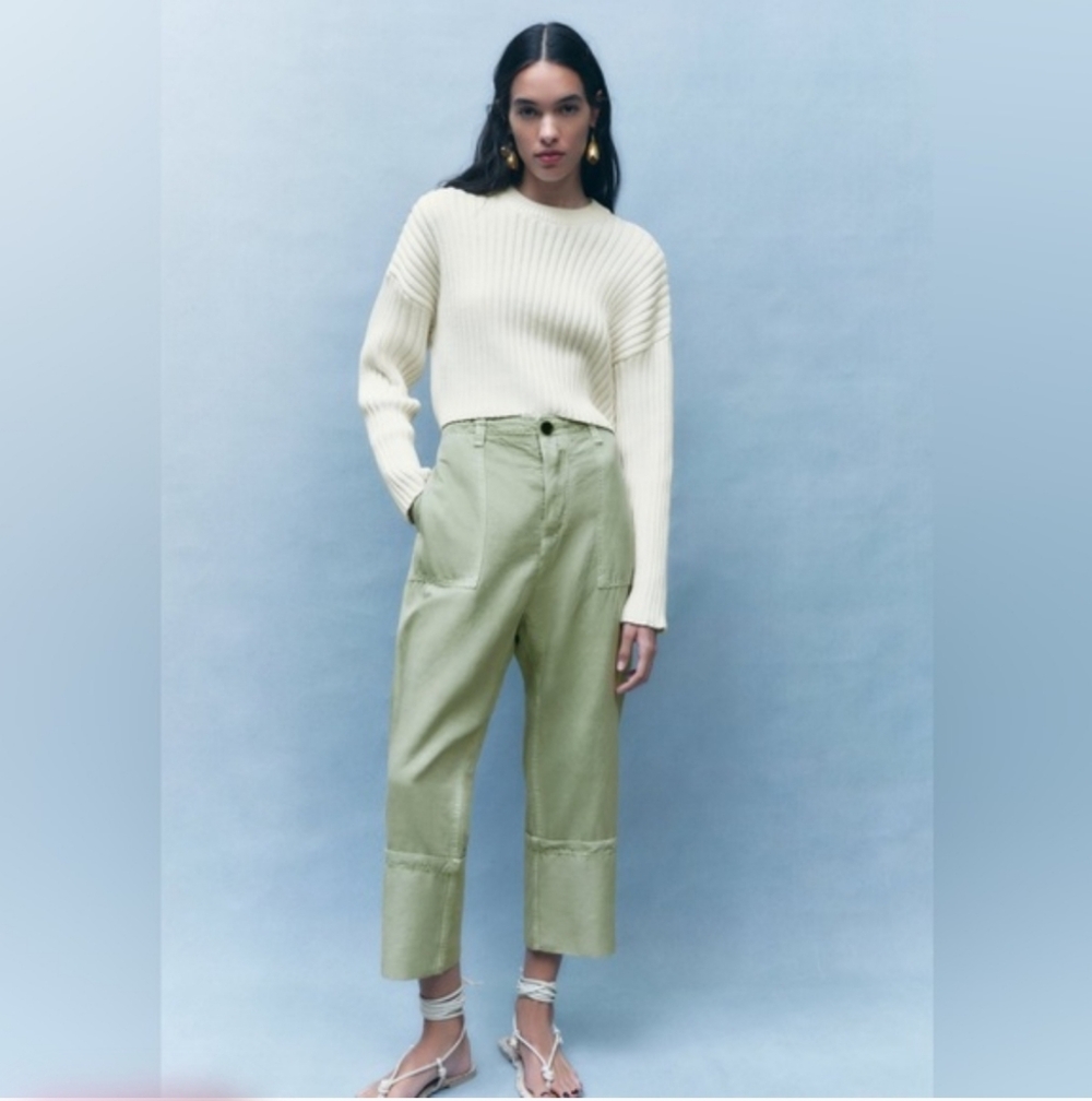 ZARA Linen Blend Turned Up Cuffed Pants Button Fly XS
